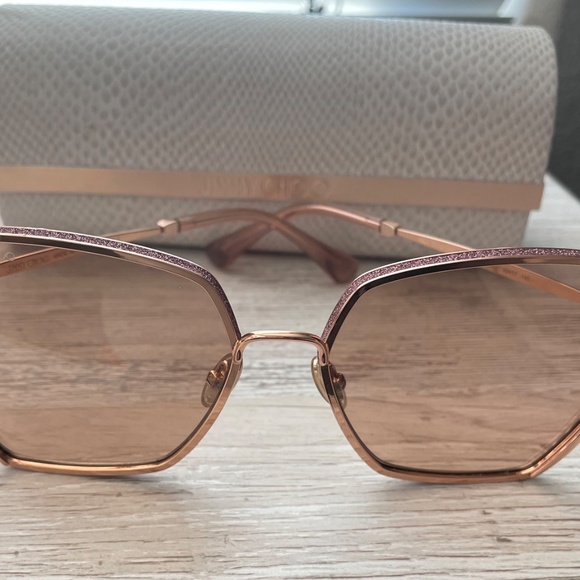WORN ONCE! JIMMY CHOO Aline Gold Pink Rectangle Glitter Sunglasses - Picture 4 of 15